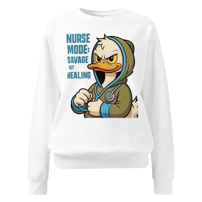 White sweatshirt with a cartoon duck character and text on a white background
