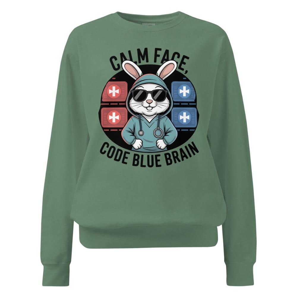 Green sweatshirt with a graphic design of a cartoon rabbit in a hoodie and text 'Calm Face, Code Blue Brain' on a white background.