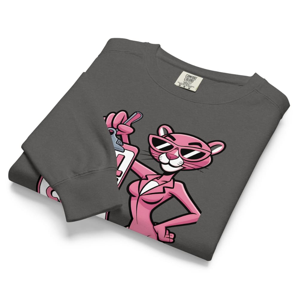 Folded gray sweatshirt with a pink cartoon character on a white background