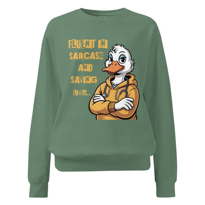 Green sweatshirt with cartoon duck character and text on a white background