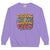 Purple sweatshirt with colorful text design on a white background
