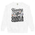 White sweatshirt with text 'Running on Coffee, Chaos & Cuddles' on a white background