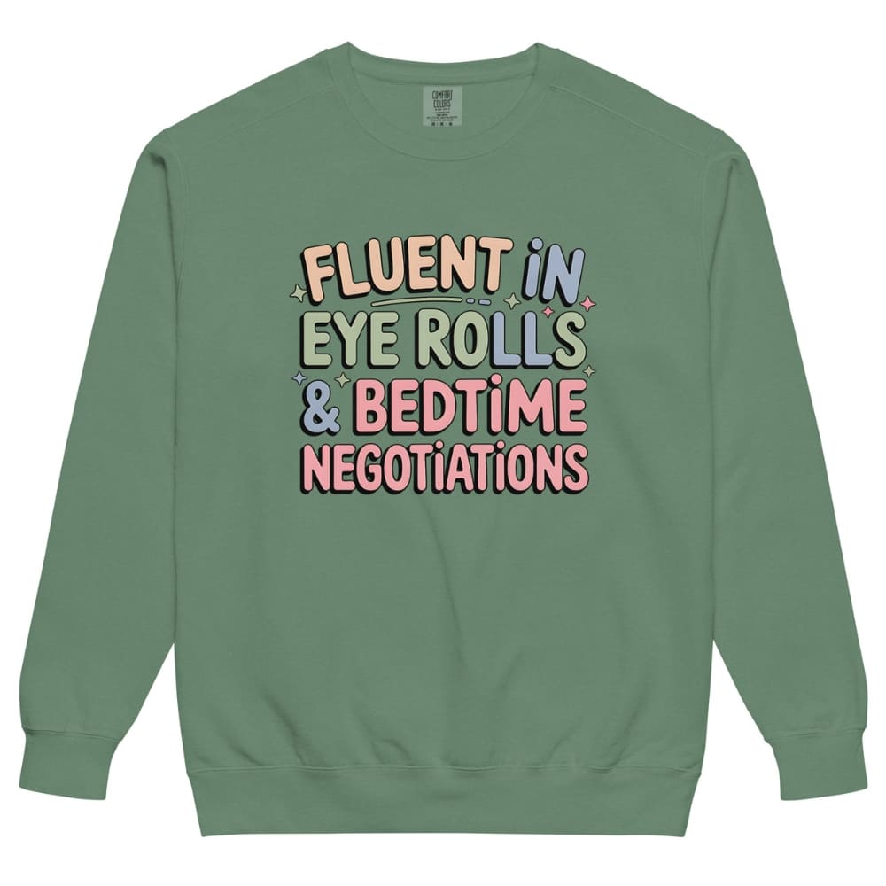 Green sweatshirt with colorful text on a white background