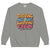 Gray sweatshirt with colorful text design on a white background