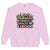 Sweatshirt design with text “Motherhood. Powered by Snacks & Sarcasm.” featuring colorful macarons and a steaming coffee cup on vintage-washed cotton fleece.
