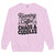 Pink sweatshirt with text 'Running on Coffee, Chaos & Cuddles' on a white background