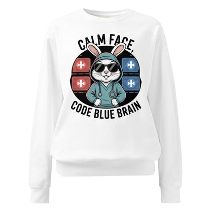 White sweatshirt with a graphic design of a rabbit in a hoodie and text 'Calm Face, Code Blue Brain' on a white background.