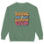 Green sweatshirt with colorful text design on a white background