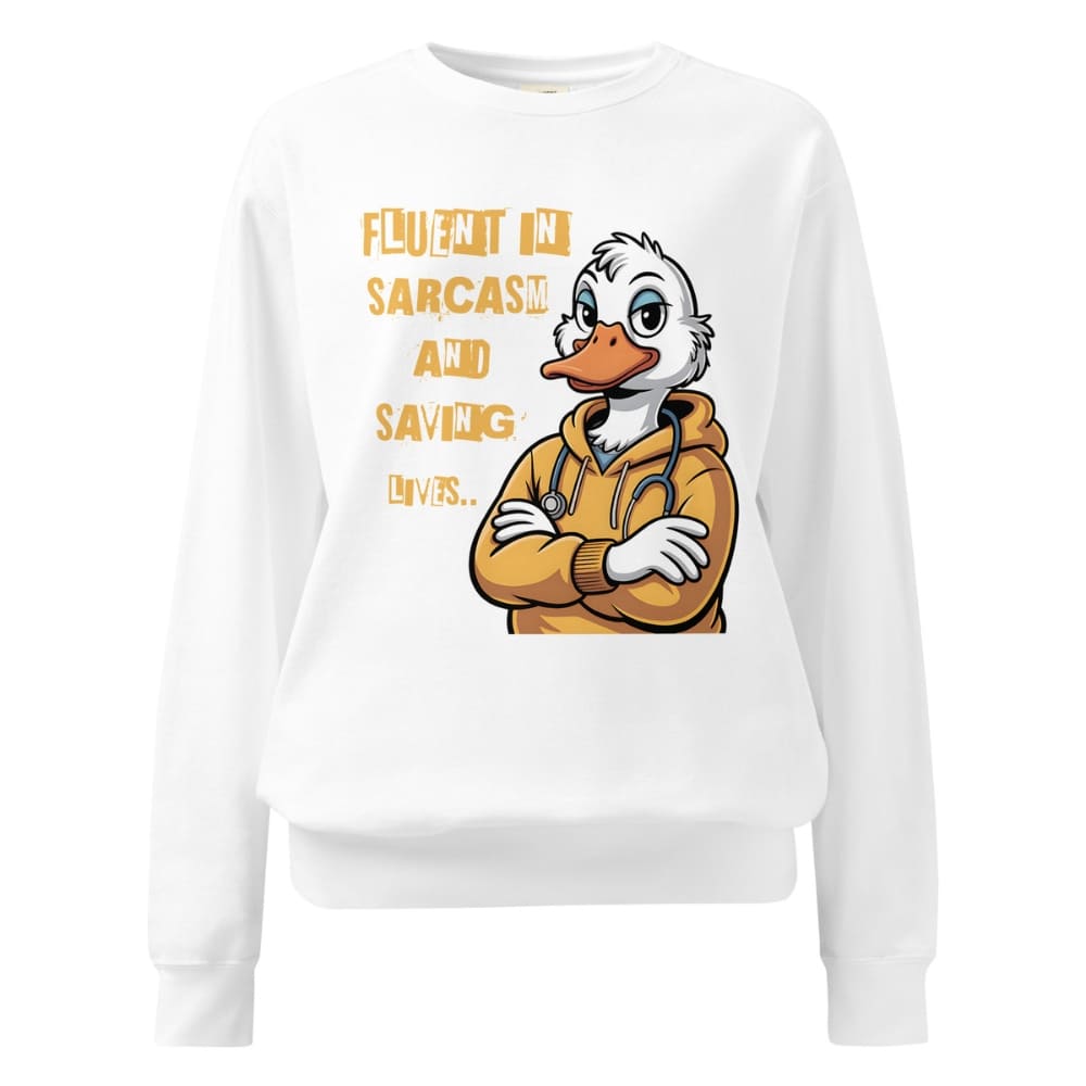 White sweatshirt with a cartoon duck character and text on a white background