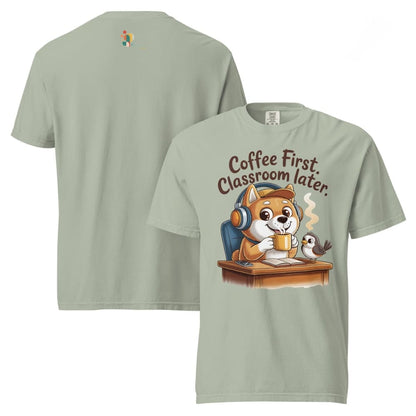 Light green t-shirt with cartoon fox and text 'Coffee First, Classroom later.' on a white background