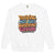 White sweatshirt with colorful text design on a white background