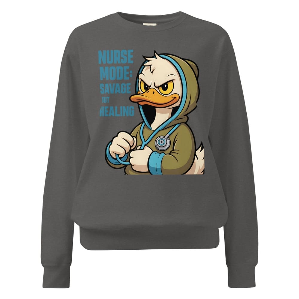 Gray sweatshirt with a cartoon duck character and text on a white background