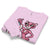 Folded pink sweatshirt with cartoon character design on a white background