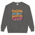 Gray sweatshirt with colorful text design on a white background