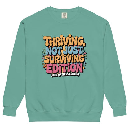 Teal sweatshirt with colorful text design on a white background