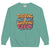 Teal sweatshirt with colorful text design on a white background