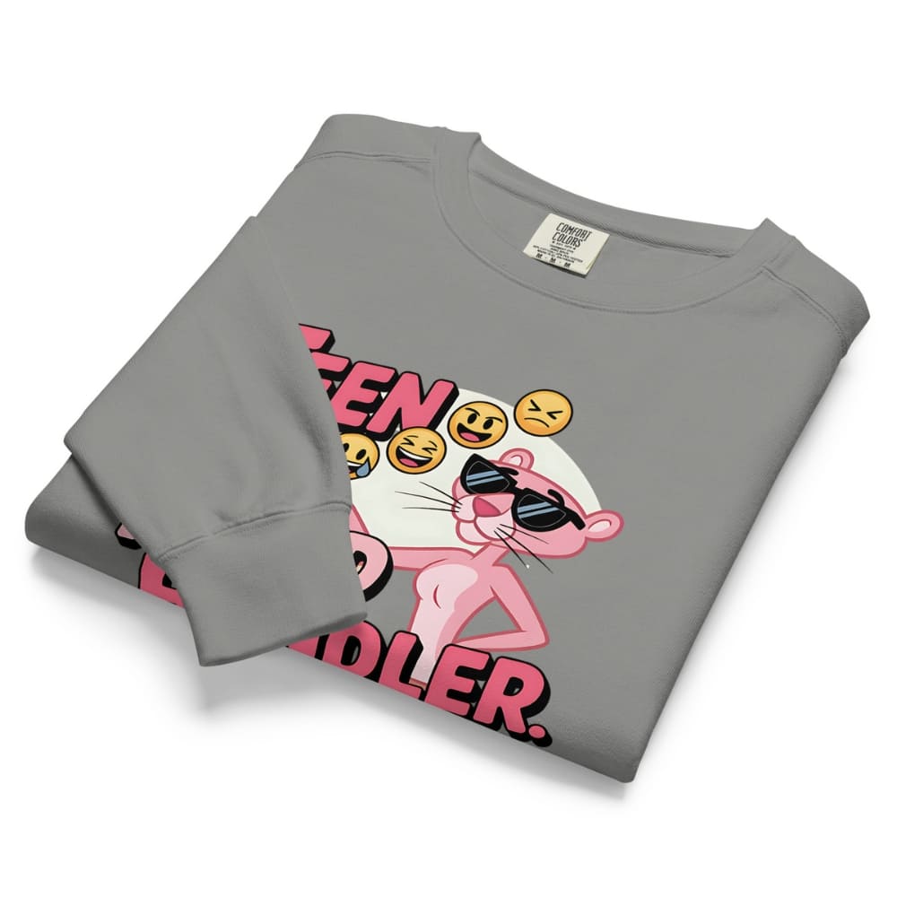 Folded gray sweatshirt with a graphic design of the Pink Panther on a white background
