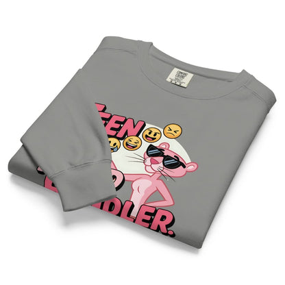 Folded gray sweatshirt with a graphic design of the Pink Panther on a white background