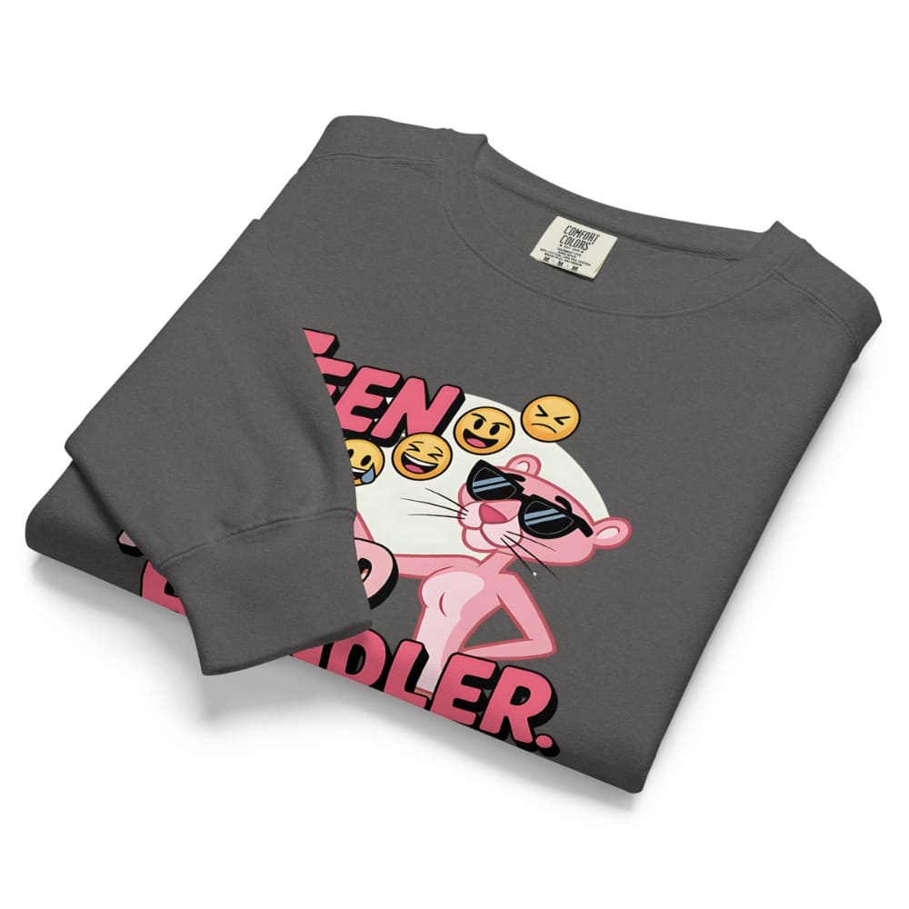 Folded gray sweatshirt with a pink panther graphic and text on a white background