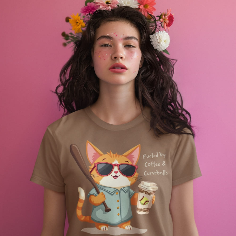 Cool cat with sunglasses holding a softball bat and coffee cup, beside text “Fueled by Coffee & Curveballs” – printed on soft heavyweight t-shirt for sporty moms