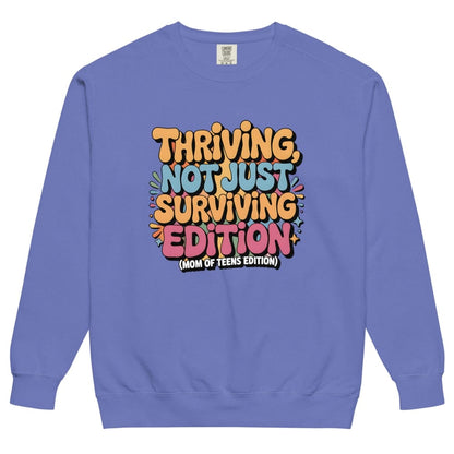 Blue sweatshirt with colorful text design on a white background