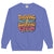 Blue sweatshirt with colorful text design on a white background