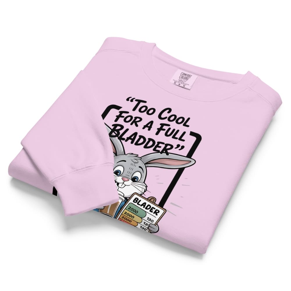 Pink sweatshirt with cartoon character and text on a white background