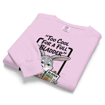 Pink sweatshirt with cartoon character and text on a white background