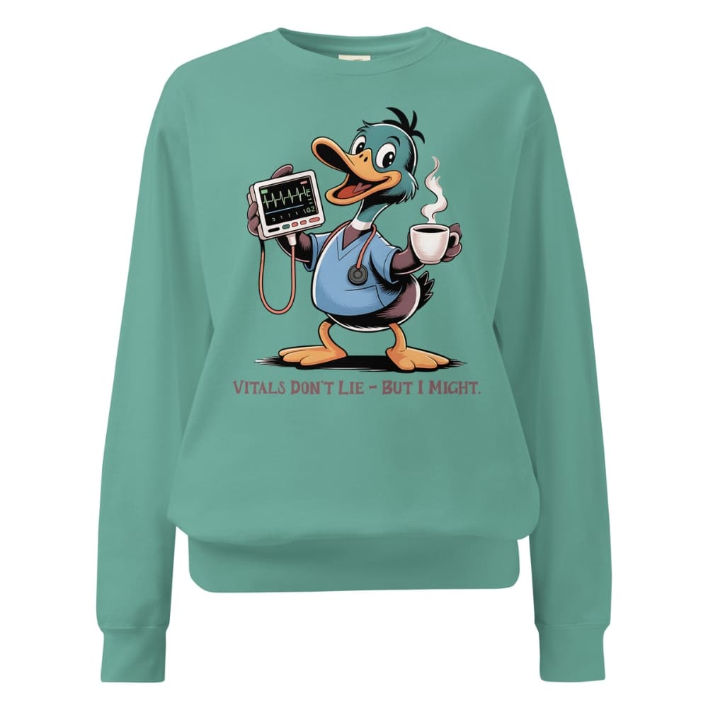 Teal sweatshirt with cartoon duck character holding a cup and monitor, on a white background