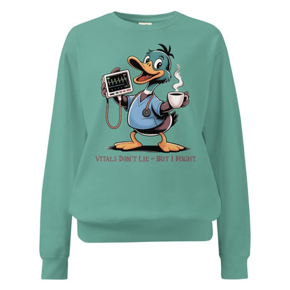 Teal sweatshirt with cartoon duck character holding a cup and monitor, on a white background