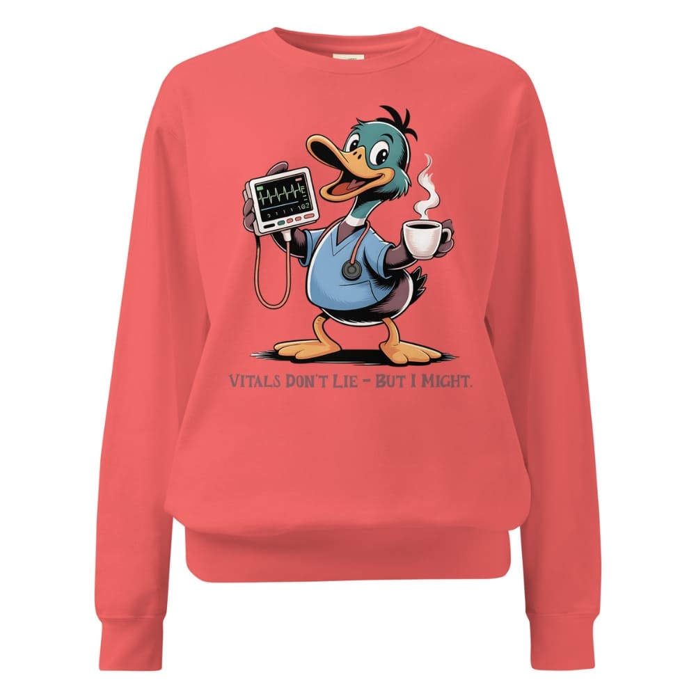 Red sweatshirt with a cartoon duck character holding a cup and monitor, on a white background