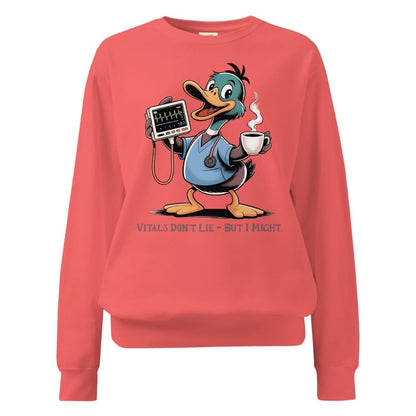 Red sweatshirt with a cartoon duck character holding a cup and monitor, on a white background