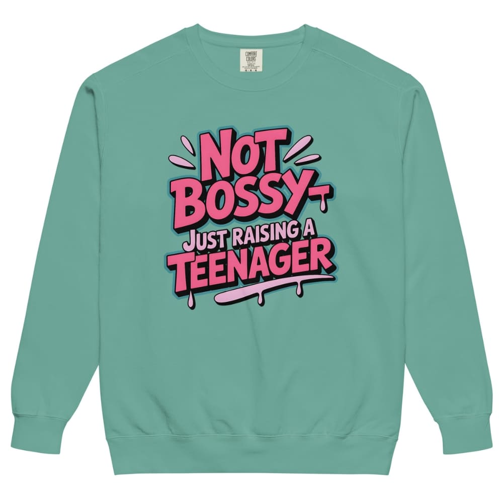 Teal sweatshirt with 'Not Bossy Just Raising a Teenager' text in pink and red on a white background