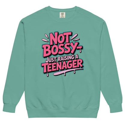 Teal sweatshirt with 'Not Bossy Just Raising a Teenager' text in pink and red on a white background