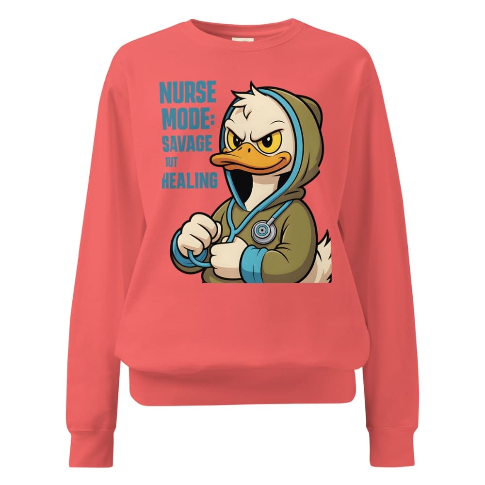 Red sweatshirt with a cartoon duck character and text on a white background
