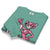 Folded green sweatshirt with Pink Panther design on a white background