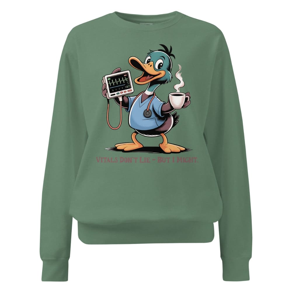 Green sweatshirt with a cartoon duck character holding a stethoscope and cup, on a white background.