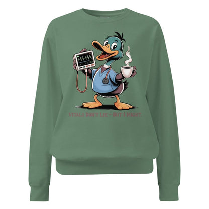 Green sweatshirt with a cartoon duck character holding a stethoscope and cup, on a white background.