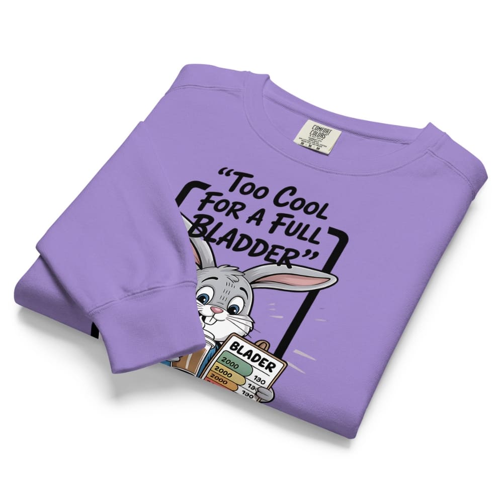 Folded purple sweatshirt with cartoon character and text on a white background