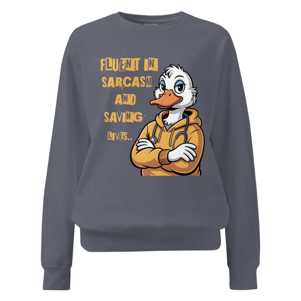 Gray sweatshirt with cartoon duck character and text on a white background