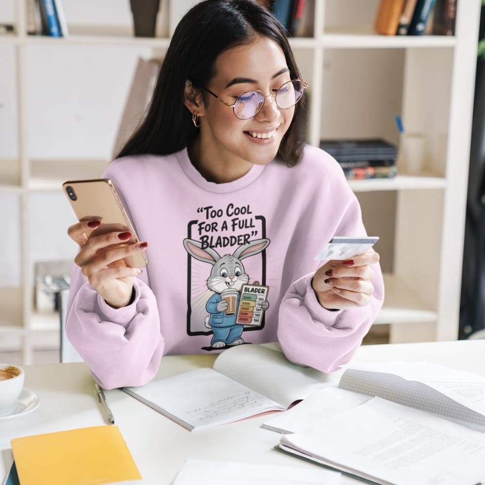 Woman in a pink sweatshirt with a cartoon character holding a phone and a credit card, sitting at a table with books and stationery.