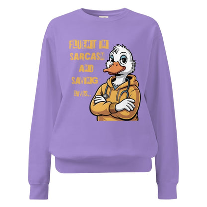 Purple sweatshirt with a cartoon duck character and text on a white background