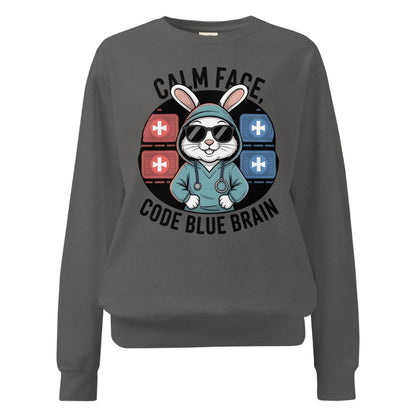 Gray sweatshirt with a graphic design of a rabbit in a hoodie and text 'Calm Face Code Blue Brain' on a white background.