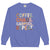 Blue sweatshirt with colorful text 'COFFEE. CHAOS. CARPOOL. REPEAT.' on a white background