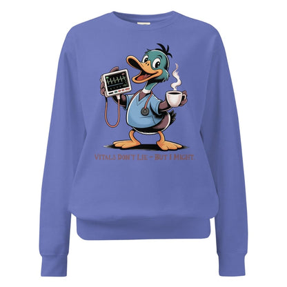 Blue sweatshirt with a cartoon duck character holding a cup and monitor, on a white background