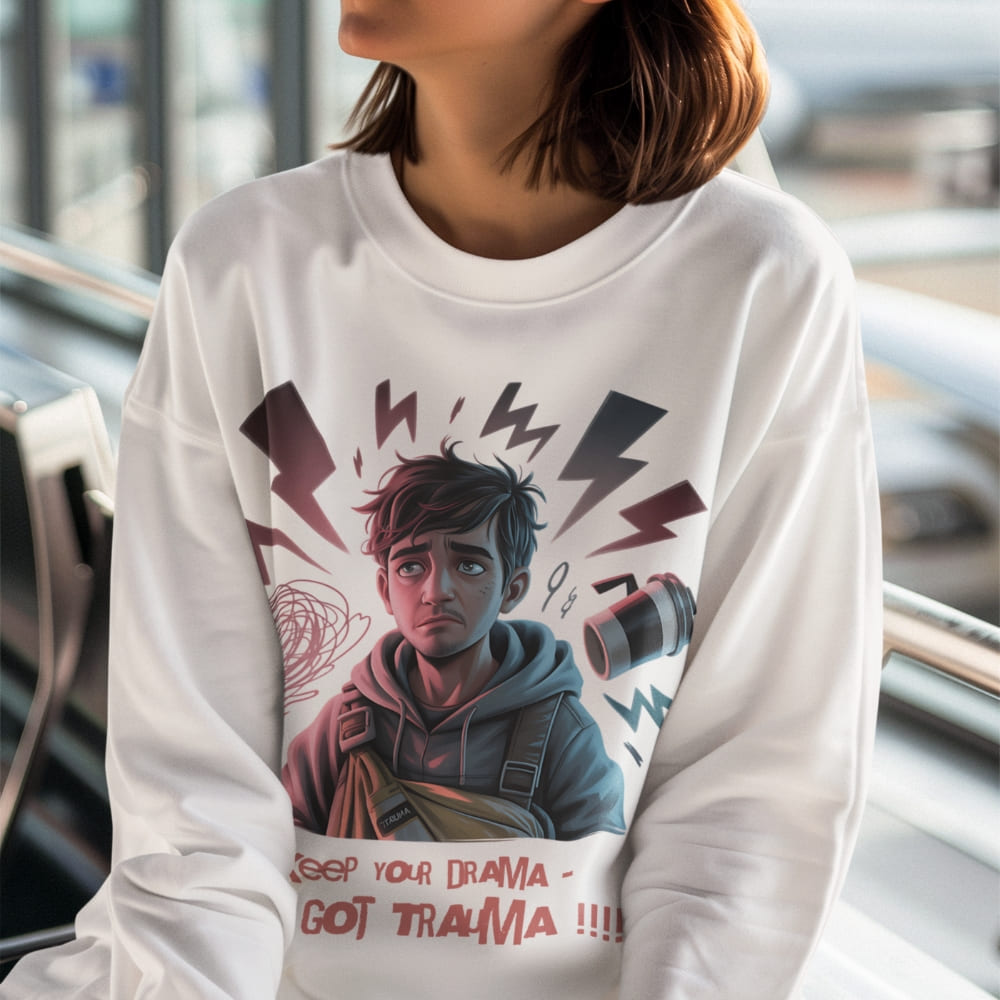 Person wearing a white sweatshirt with a graphic design and text.