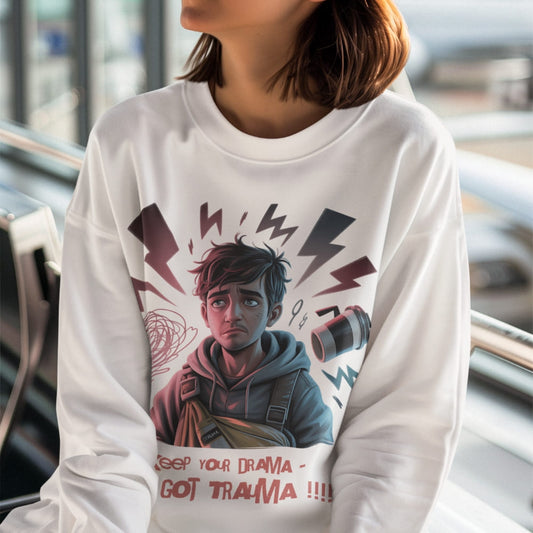 Person wearing a white sweatshirt with a graphic design and text.