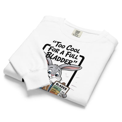 White t-shirt with cartoon character and text 'Too Cool for a Full Bladder' on a white background