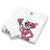 White t-shirt with a pink cartoon character design on a white background