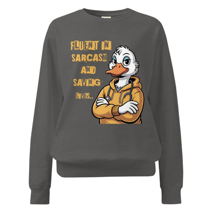 Gray sweatshirt with cartoon duck character and text on a white background